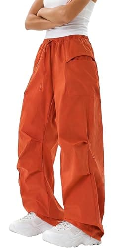 Image of SEAUR Women's Hiking Trousers Quick Dry Waterproof Parachute Cargo Trousers Loose Fit Wide Leg Y2K Trousers Drawstring Elastic Waist for Travel Orange M