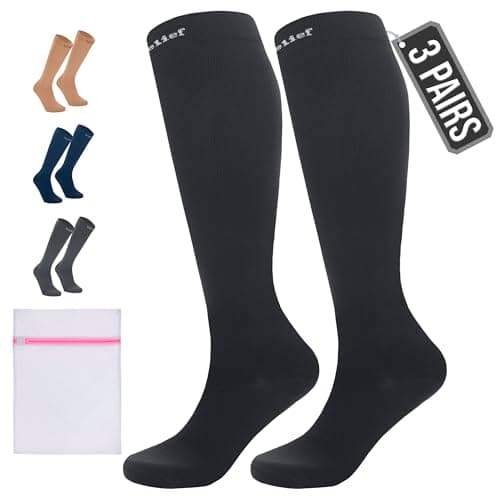 Image of 360 RELIEF 3 Pairs Compression Socks for Women & Men - 15-20 mmHg Travel Flight Socks – Graduated Support - Ideal for Running, Cycling & during Maternity -S/M, Black with Laundry Bag
