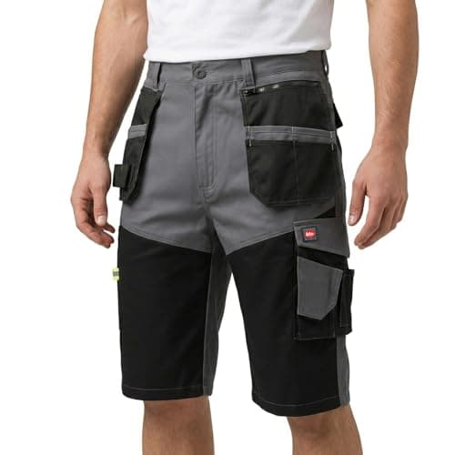 Image of Lee Cooper Men's Hi Vis Work Shorts Reflective Cargo Shorts Detail Multi & Holster Pocket Durable and Lightweight Stretchable Fabric Workwear Capri Long Short for Men Casual Wear(Grey/Black, 32W)