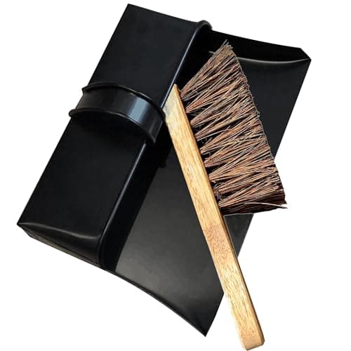Image of Heavy Duty Metal Dustpan with Handle Industrial Design Large Black Hooded Cleaning Scoop also Suitable for homes, log burners, stoves, workshops, and gardens (DustPan and Hard Brush)