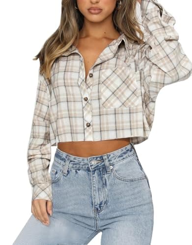 Image of Dressmine Checked Shirts Womens Plaid Cotton Shacket Long Sleeve Casual Cropped Cream Cardigan Shirts Spring Fashion Size 12