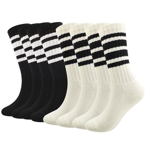 Image of Partideal 4 Pairs Crew Sport Socks Women Men Striped Crew Socks, Retro Athletic Socks Casual Cotton Socks for Women Men
