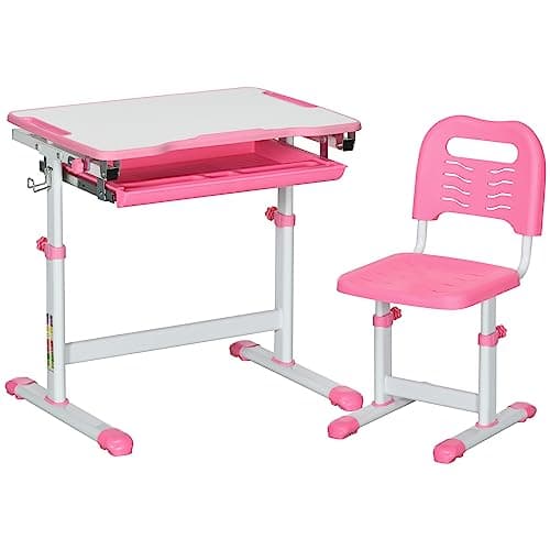 Image of HOMCOM Kids Desk and Chair Set, Height Adjustable Student Writing Desk, Children School Study Table with Tiltable Desktop, Drawer, Pen Slot, Hook - Pink