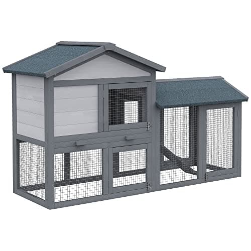 Image of PawHut Wooden Rabbit Hutch Outdoor, Double Tier Guinea Pig Hutch, Small Animal House Water-Resistant Roof Ramp Pull-out Tray 147 x 54 x 84 cm, Grey