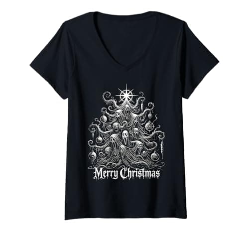 Image of Womens Gothic Christmas Tree Decor Black Goth Christmas Tree V-Neck T-Shirt