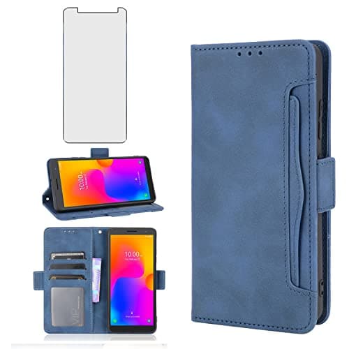 Image of Asuwish Compatible with Alcatel 1B 2022 Wallet Case and Tempered Glass Screen Protector Card Holder Stand Leather Flip Cell Accessories Phone Cover for Women Men Blue