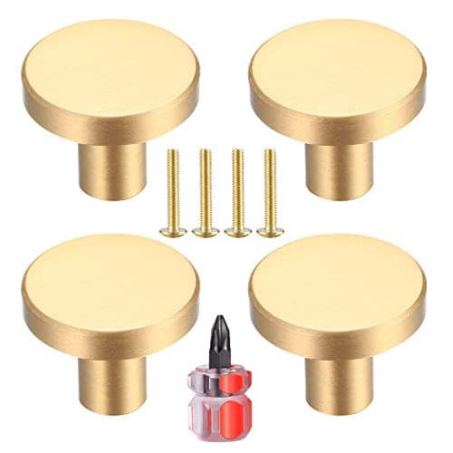 Image of Yibaijia 4 Pcs Round Cabinet Knobs, Gold Brass Drawer Knobs, Door Kitchen Hardware Cupboard Knob, Stainless Steel Single Hole Handle with Screws for Home Decorating, Cupboard, Wardrobe (20mmx25mm)