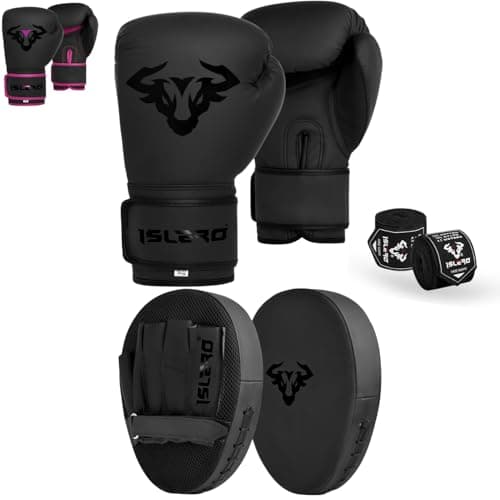 Image of Islero Boxing Gloves And Pads Set Focus Pads Mitts Hook And Jab Hand Target Strike Shield Training Sparring MMA Martial Arts Muay Thai Kickboxing Karate Men Women (Black, 16 OZ)