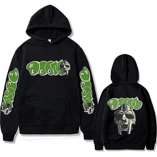 Image of Trconk Hip Hop Rapper Mf Doom Printed Unique Hoodie Casual Oversize Sweatshirt Neutral Fashion Vintage Long Sleeve Pullover Streetwear-Black||L