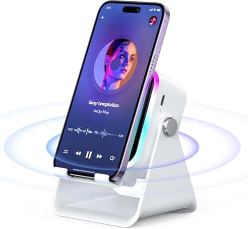 Image of GALAKSIOZ 5-in-1 Wireless Induction Bluetooth Speaker with Adjustable Round Phone Stand, Multifunctional Stereo Sound Bluetooth Speaker, 8 RGB Ambient Light (White, Square)