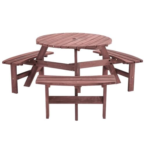 Image of Panana 6 Seater Round Wooden Picnic Table Set with Benches, Solid Fir Wood Garden Table with Parasol Hole, Outdoor Dining Furniture for Garden, Park, Family Gatherings