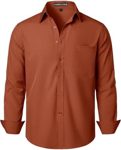 Image of PARKLEES Men's Regular Fit Dress Shirt Solid Wrinkle-Free Long Sleeve Casual Business Button Up Shirts with Pocket ZSSCL05-Burnt Orange X-Large