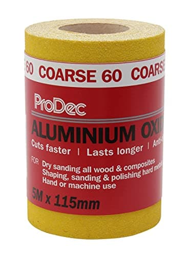 Image of ProDec 5m Roll 60 Grit Coarse Grade Yellow Aluminium Oxide Abrasive Sanding Paper for Sanding Wood, Paint, Plaster, Filler, Metal and More, 115mm Wide Sandpaper Compatible with Machine Sanders