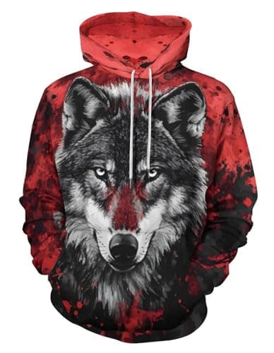 Image of HaniLav Hoodies for Men Women Novelty 3D Graphic Pullover Sweatshirt Hoodie Cool Funny Galaxy Hoody with Pocket S-6XL, Black Red Wolf, M