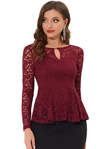 Image of Allegra K Women's Lace Peplum Tops Round Neck Long Sleeve Elegant Floral Lace Blouse Burgundy M-12