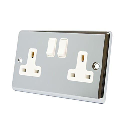 Image of AET CPC2GSOCWH Polished Chrome Classical 2 Gang White Insert Plastic Rocker Switches-13 Amp Double Plug Socket, Pack of 1