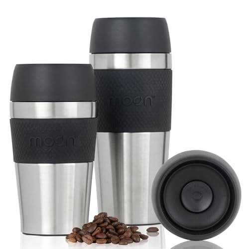 Image of Moon 360° Travel Mugs - Leakproof Reusable Coffee Cup for Hot Drinks - Insulated Stainless Steel Thermal Mug, Fits Car Cup Holders (300ml, Recycled Metal/Black)