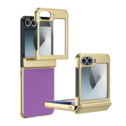 Image of HUOLUNGJIN Flip Cover Compatible with Samsung Galaxy Z Flip 5 Plating Case with Screen Protector Hinge Case,Drop Protection, Scratch Resistant,Slim Design Frosted Folding Cover (Purple)