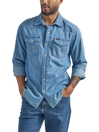 Image of Wrangler Men's Iconic Denim Regular Fit Snap Shirt Button, Lake Wash, Large