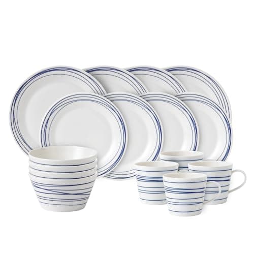 Image of Royal Doulton Dinner Set, Stoneware, Designed to Mix & Match, 1815 Pacific Dinnerware Set, Blue Lines, 16 Piece Set