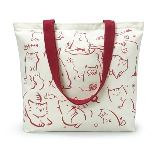 Image of WIERAEM Canvas Tote Bag with Zip and Pockets for Women, Cute Cat Tote Bag Aesthetic, Foldable Cotton Cloth Fabric Reusable Shopping Bags (Beige)