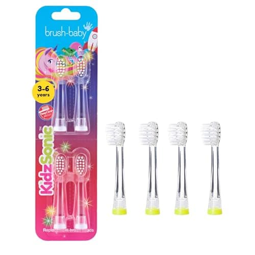 Image of Brush-Baby - Kids Replacement Brush Heads for KidzSonic Electric Toothbrushes, 3+ Years - DeepClean Replaceable Toothbrush Heads with LED - Pack of 4