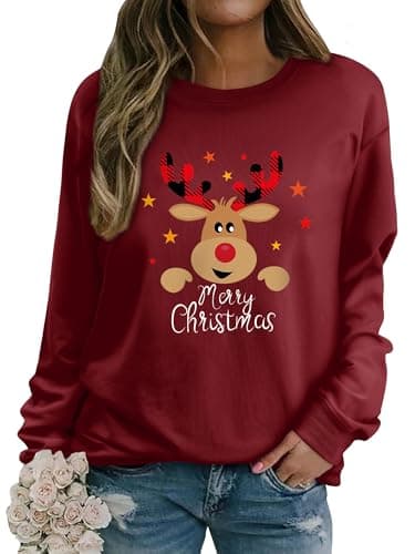 Image of WIEIYM Christmas Sweatshirt Women Reindeer Graphic Print Jumper Long Sleeve Shirt Unisex Pullover Causal Crewneck Sweat Tops for Women/Men S-XXL Burgundy