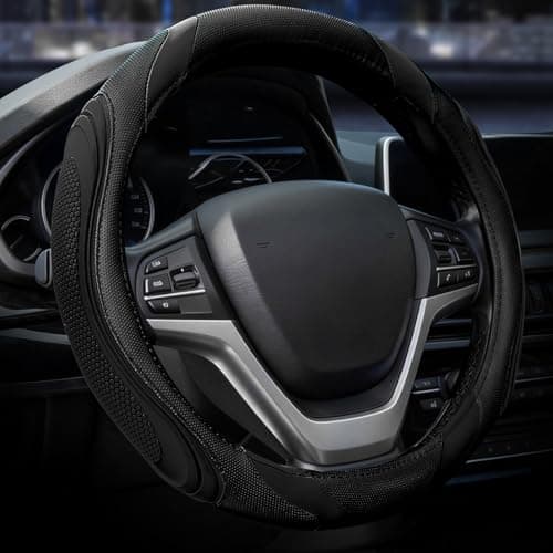 Image of Car Steering Wheel Cover - Sportage Leather Steering Wheel Cover Universal Size M 37-38cm /14.5-15inch, Anti-slip, Breathable, Black