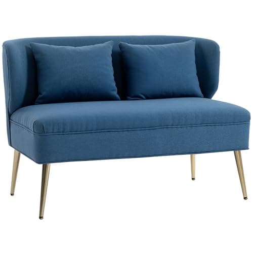 Image of HOMCOM 2 Seater Sofa, Linen-look Fabric Upholstered Small Sofa with Wing Back, Thick Seat, Metal Legs, Loveseat for Living Room, Bedroom, Home Office, Studio, 117 cm, Dark Blue