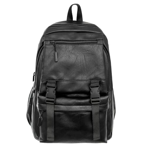 Image of Fuaihui Black Leather Rucksack Men, PU Leather Laptop Backpack for Men, Water-Resistant 15.6 Inch Large Capacity Gothic Business School Travel Rucksack