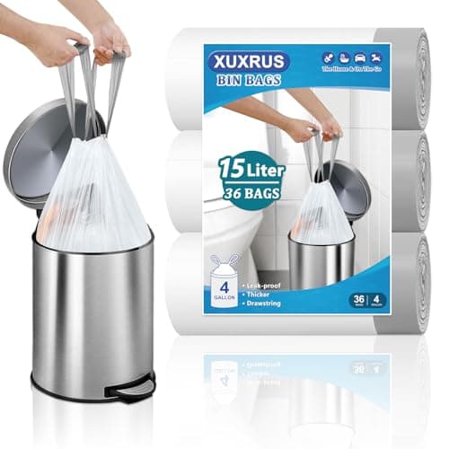 Image of XUXRUS 15L Small Bin Liners with Drawstring Bin Bags With Tie Handles Pedal Bin Trash Bags Wastebasket Liners for Bathroom Kitchen Office Bedroom White, 36 Counts