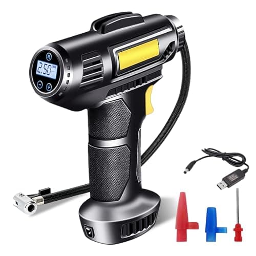 Image of Cordless Tyre Inflator Air Compressor, ProChosen Rechargeable 12V 7000mAh Car Tyre Inflator Car Tyre Pump, 150PSI Electric Digital Display Portable Automatic Tyre Pump with LED Light & Nozzle Adaptor
