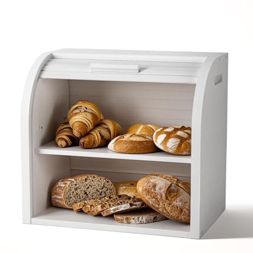 Image of G.a HOMEFAVOR Bamboo Bread Bin 2-Layer Bread Box, Roll-Top Bread Storage for Kitchen with Removable Layer, Self Assembly, White