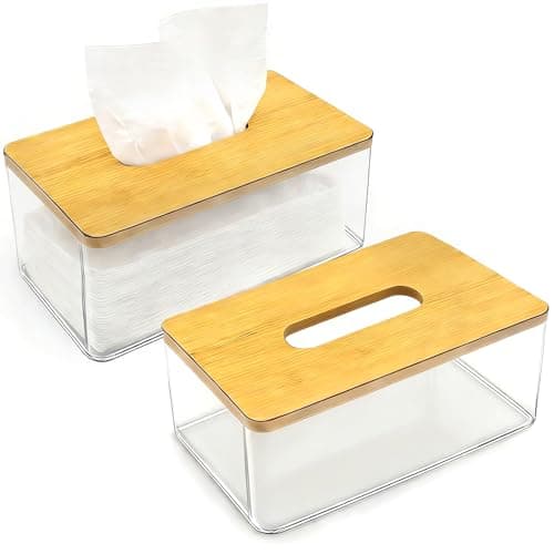 Image of 2 Pcs Large Acrylic Tissue Boxes, Clear Rectangular Paper Holder with Removable Wooden Cover, Transparent Napkin Dispenser for Home Bedroom Office Bathroom Living Room, 23 x 13 x 10 cm