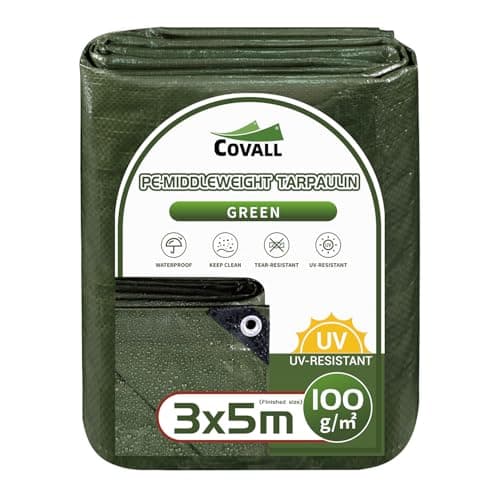 Image of COVALL Tarpaulin Green Tarpaulin 3m x 5m-100g/m² Plastic Sheeting Groundsheet with eyelets Weatherproof Windproof UV & Tear Resistant Camping Tarp Garden Wood Roof Sandbox Boats Truck RV Car
