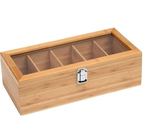 Image of ASelected Bamboo Tea Box, Chest Organiser with 5 Compartments, 30 x 10 x 9 CM Tea Bag Organiser with Acrylic Glass Lid for Spices Coffee Beans Jewellery Storage
