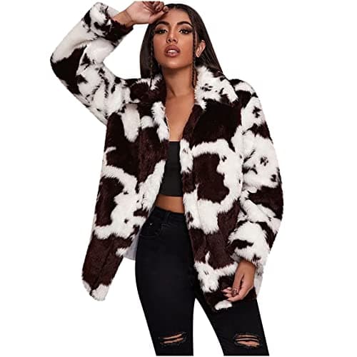 Image of Womens Solid Shaggy Faux-Fur Coats Winter Warm Jacket Cow Print Fluffy Fashion Coats Outerwear for Petite Women Black
