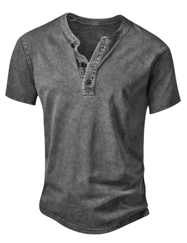 Image of Anelune Men's Distressed Henley Shirts Vintage Short Sleeve T-Shirt Washed Cotton Casual V-Neck Button Tee Tops Grey XL