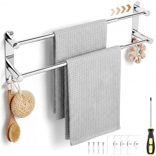 Image of DMSELL 41-75 cm Adjustable Double Towel Rail, Self Adhesive Wall Mounted Towel Rack, Retractable No Drill Towel Holder for Bathroom