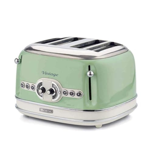 Image of Ariete 0156/04 Retro Style 4 Slice Toaster with 2 Slice Control, 6 Browning Levels and Removable Crumb Tray, Cool Touch Sides, Non-Slip Feet, Vintage Design, Green