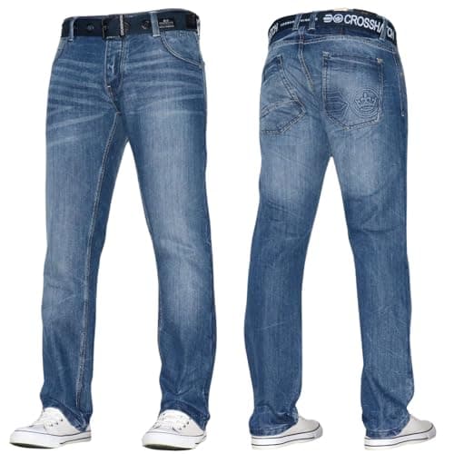 Image of Crosshatch Mens Stretch Straight Leg Jeans Trousers Free Belt Stylish Fashion Branded Denim by JEANBASE Stonewash 36W X 32L