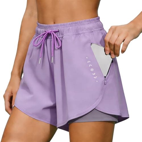 Image of Women 2 in 1 Running Shorts with Pocket, Lightweight Quick Dry Athletic Gym Shorts, Double Layer High Waisted Workout Bottoms for Jogging, Training, Fitness (UK, Alpha, XL, Regular, Regular, Purple)