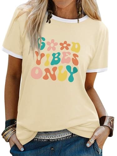 Image of Dresswel Women Good Vibes T-Shirt Flower Graphic Print Tee Shirts Summer Tops(Apricot,S)