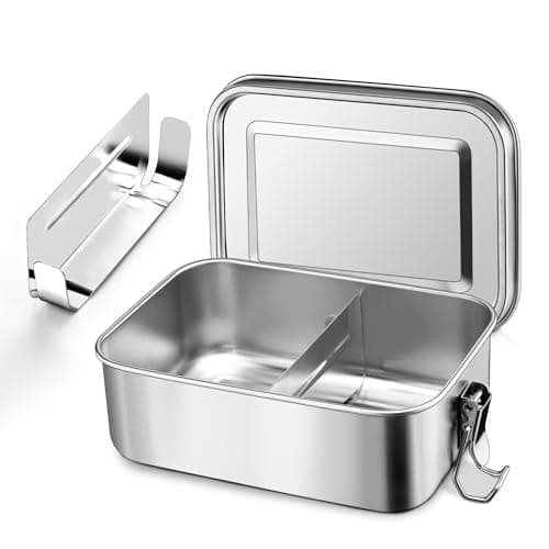 Image of Herogo Lunch Box 1400ML, Stainless Steel Bento Box with 2 Compartments, Bento Lunch Box for Adults and Kids, Metal Bento Box with Removable Dividers, Leak-Proof with Sturdy Lock Clips, Dishwasher Safe