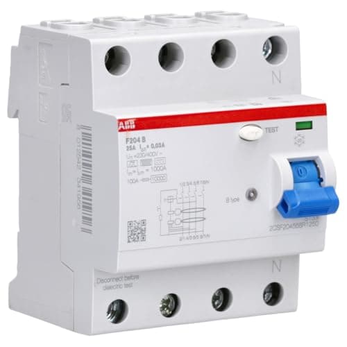 Image of ABB Protecta Plus F204 B-25/0.03 Residual Current Circuit Breaker • 4 Pole • 25A • Type B • 30mA • RCCB • DIN Rail • F200 Series • Earth Fault Protection • 2CSF204568R1250