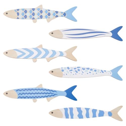 Image of UNICRAFTALE 6Pcs Wood Fish Beach Walls Decor Coastal Walls Art Nautical Beach Decors Blue Fish Wall Sculpture Fishes Hanging Sculptures Bathroom Wall Decors for Summer House Bedroom Living Room