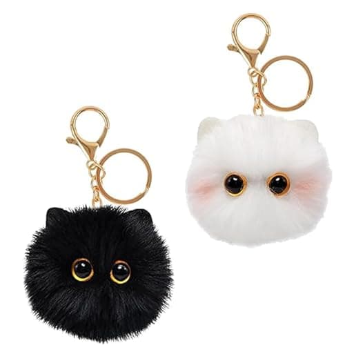 Image of CEEGEWW 2 Pcs Plush Keychain, Cat Pom Pom Keyring, Plush Keyring, Fluffy Keyrings For Women, Cute Keychain, Keychains For Girls, Girls Keyrings, For Women & Girl, Bag Charms & Car Keys(White, Black)