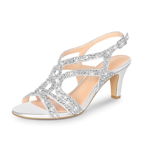 Image of PIZZ ANNU Womens Sandals Sparkly Rhinestones Strappy Kitten Heels Ladies Wedding Shoes for Women Bride Slingback Summer Prom Party Silver Size 8