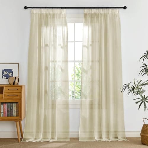 Image of PONY DANCE Sheer Curtains 55x90 inches - Pencil Pleat Window Net Curtains for Bedroom/Living Room, Semi Transparent Voile Panels, Triple Drawstring for Easy Hanging, Set of 2, Creamy Beige