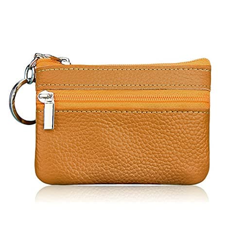 Image of Hibate Mini Leather Coin Purse Holder Pouch for Women Men Kids with Zip Key Ring - Yellow